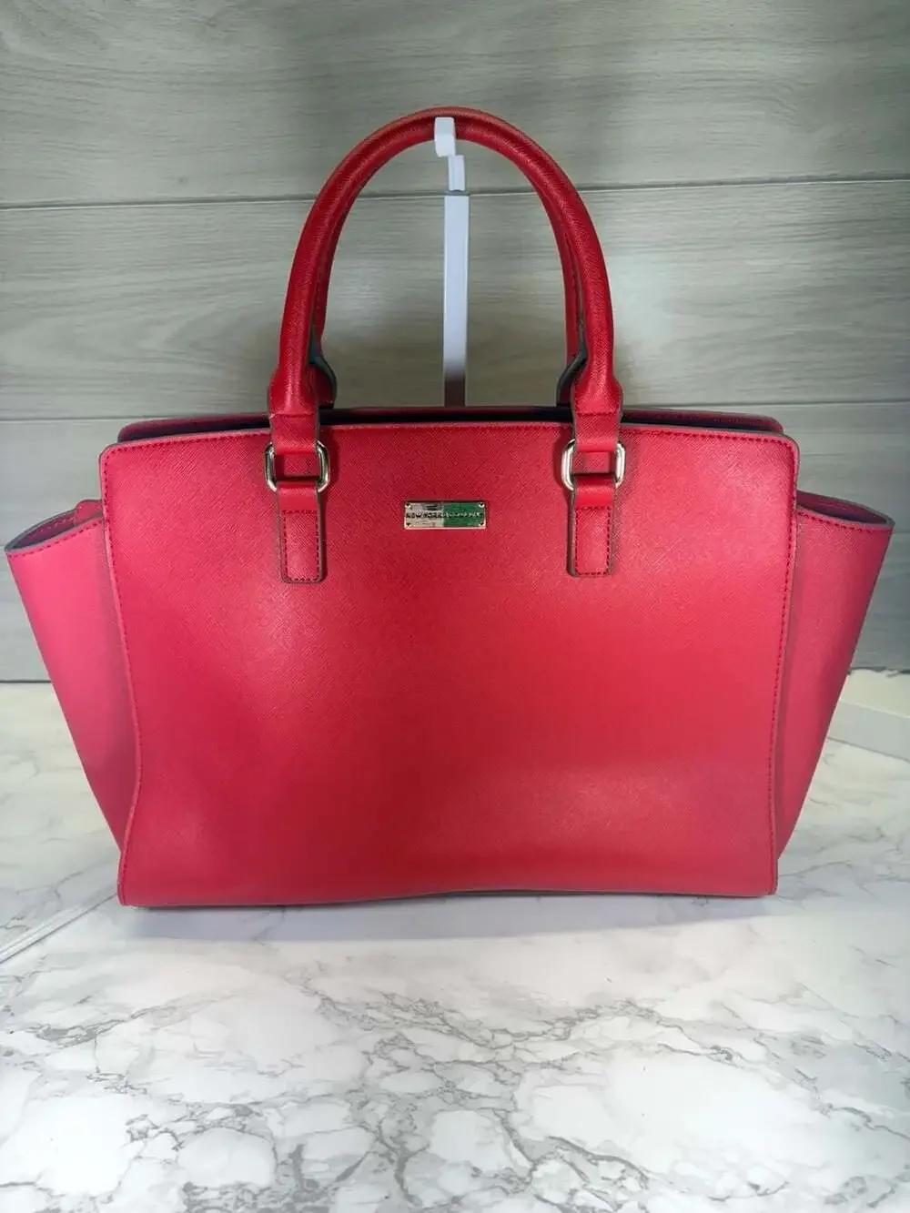 New York & Company Red Saffiano Faux Leather Structured Satchel Bag